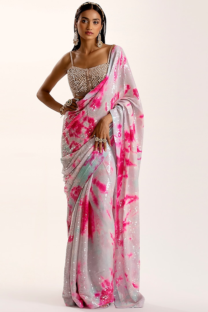 Lavender Georgette Tie-Dye Printed Saree Set by Akanksha Gajria