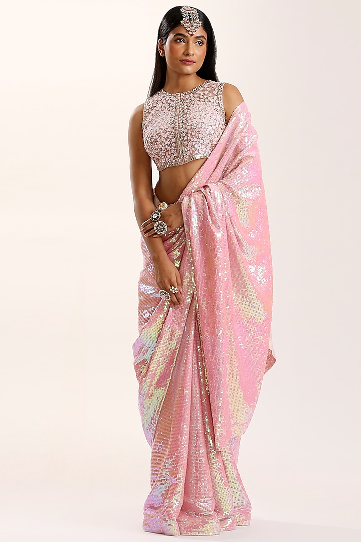 Metallic Pink Embroidered Saree Set by Akanksha Gajria
