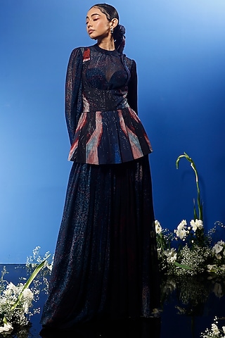 Blue Habutai Silk & Satin Printed Sharara Set by FORTY FOUR