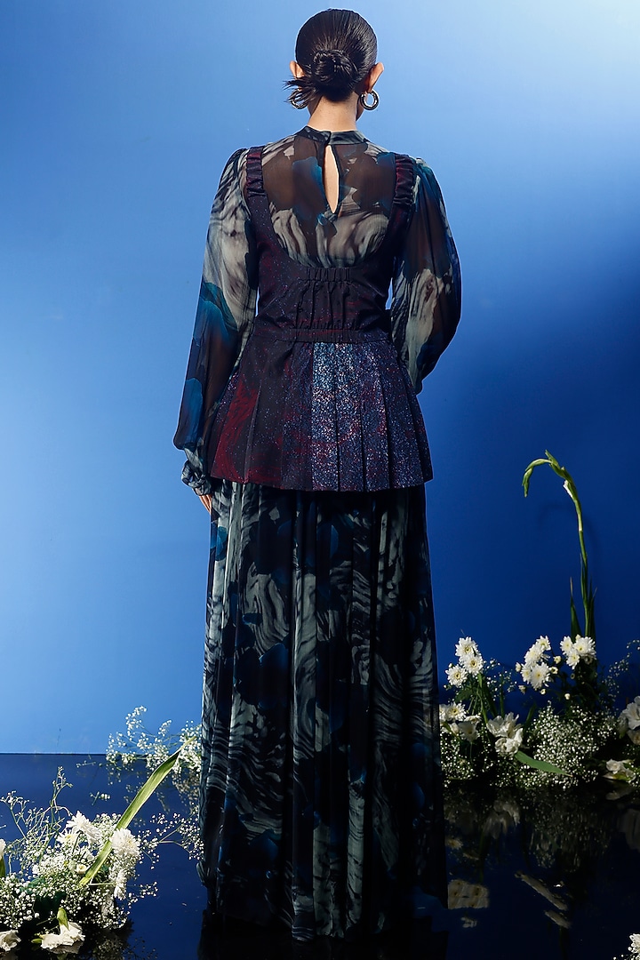 Blue Habutai Silk & Satin Printed Party Wear Sharara Set by FORTY FOUR at Pernia's Pop Up Shop
