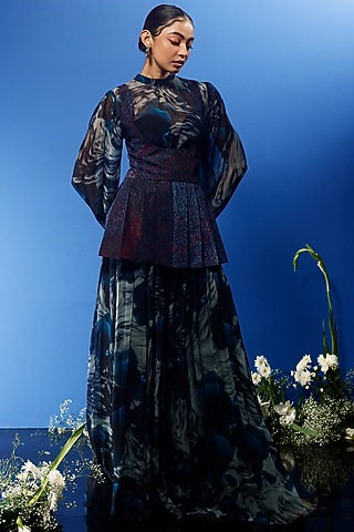 Blue Habutai Silk & Satin Printed Sharara Set by FORTY FOUR