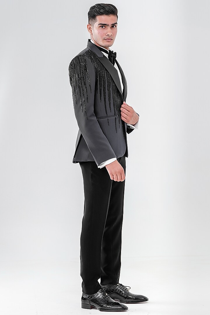 Grey Japanese Polyester Embellished Tuxedo Set by Amrit Dawani at Pernia's Pop Up Shop