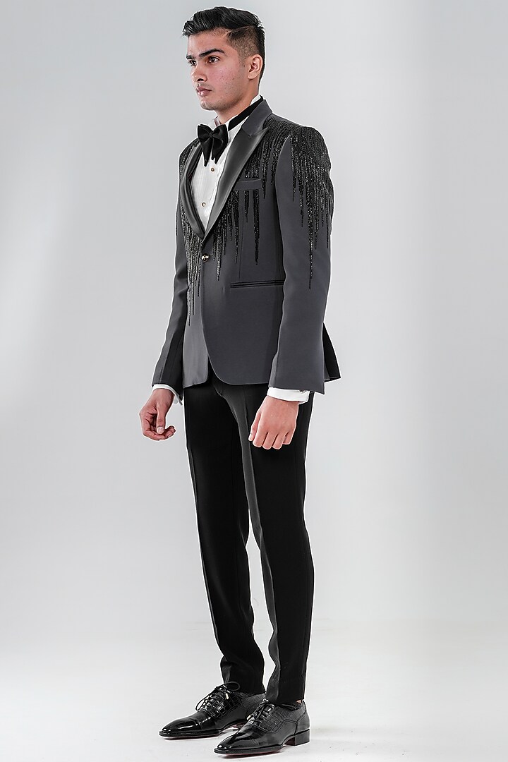 Grey Japanese Polyester Embellished Tuxedo Set by Amrit Dawani at Pernia's Pop Up Shop