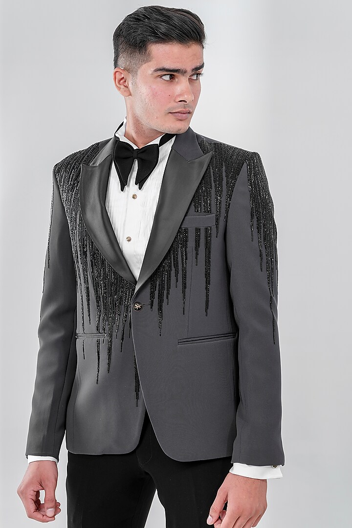Grey Japanese Polyester Embellished Tuxedo Set by Amrit Dawani at Pernia's Pop Up Shop