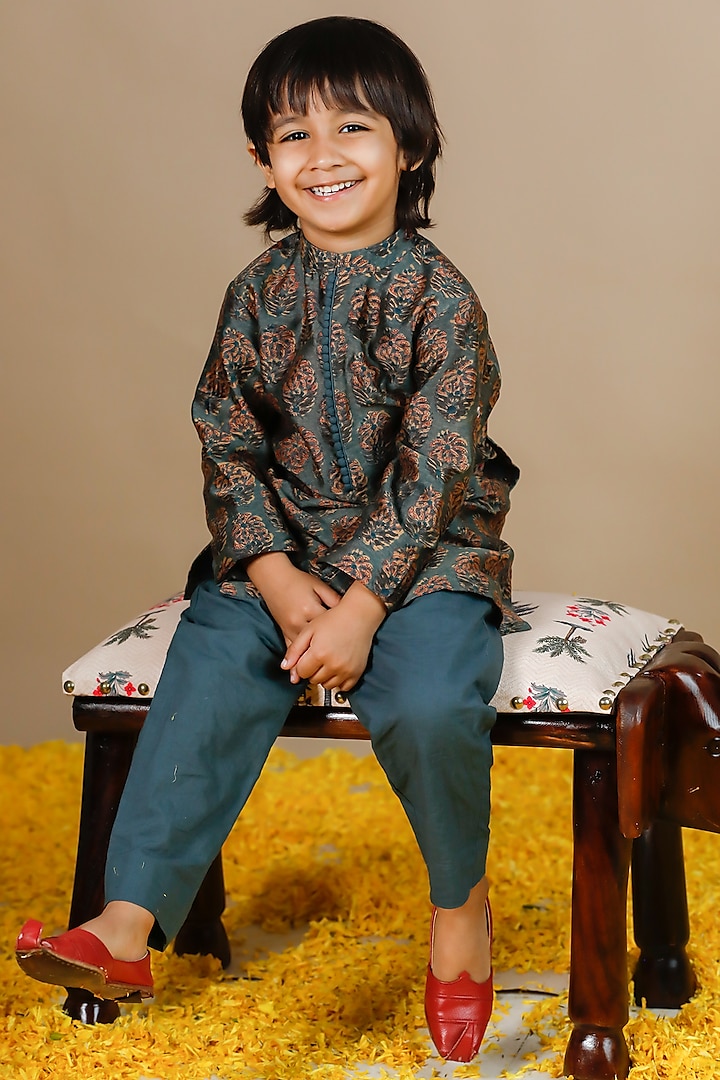 Olive Green Chanderi Hand Block Printed Kurta Set For Boys by Swati Golyan at Pernia's Pop Up Shop