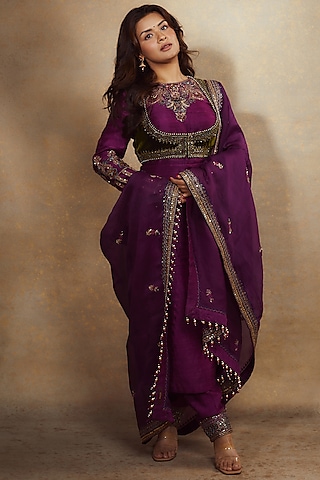 Purple Pure Raw Silk Hand Embroidered Kurta Set by Irrau by Samir Mantri