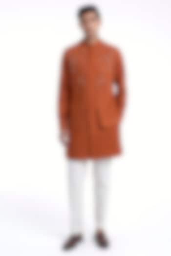 Burnt Orange Cotton Silk Thread Embroidered Kurta Set by Dhruv Vaish at Pernia's Pop Up Shop