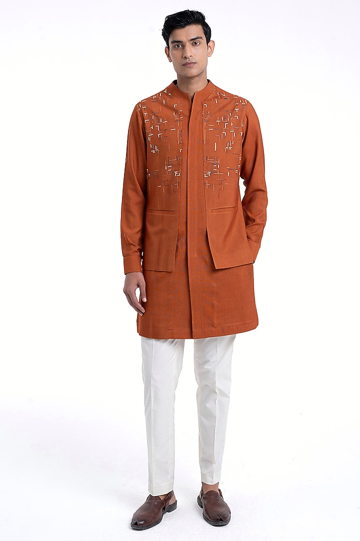 Burnt Orange Cotton Silk Thread Embroidered Kurta Set by Dhruv Vaish at Pernia's Pop Up Shop
