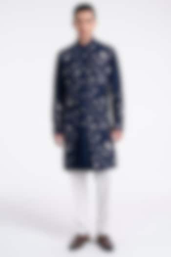 Navy Raw Silk Embroidered Kurta Set by Dhruv Vaish at Pernia's Pop Up Shop