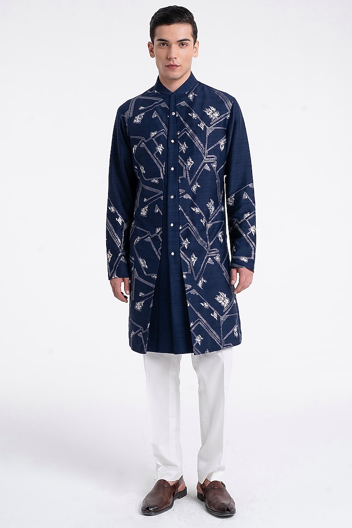 Navy Raw Silk Embroidered Kurta Set by Dhruv Vaish at Pernia's Pop Up Shop