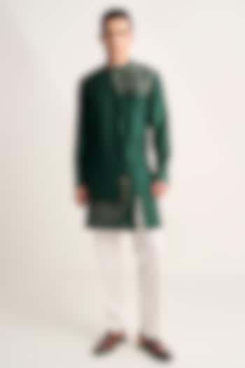 Bottle Green Silk Zari Embroidered Kurta Set by Dhruv Vaish at Pernia's Pop Up Shop