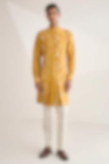 Marigold Raw Silk Embroidered Kurta Set by Dhruv Vaish at Pernia's Pop Up Shop