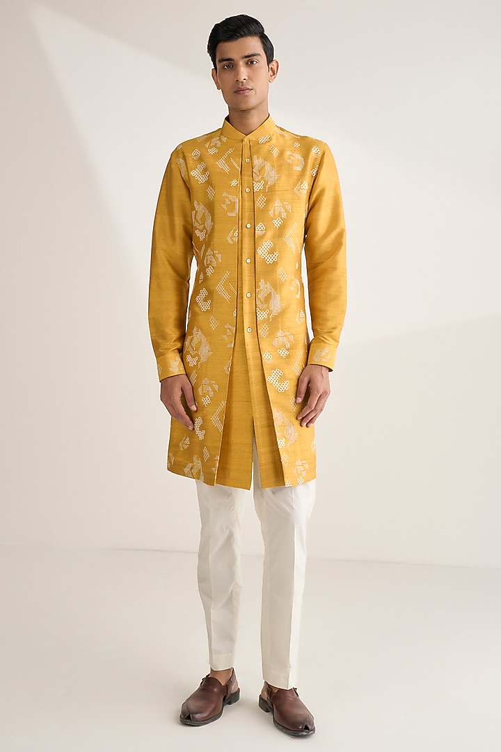 Marigold Raw Silk Embroidered Kurta Set by Dhruv Vaish at Pernia's Pop Up Shop