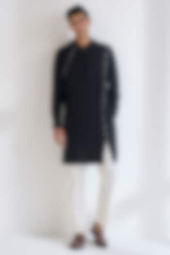 Black Cotton Silk Thread Embroidered Kurta Set by Dhruv Vaish at Pernia's Pop Up Shop