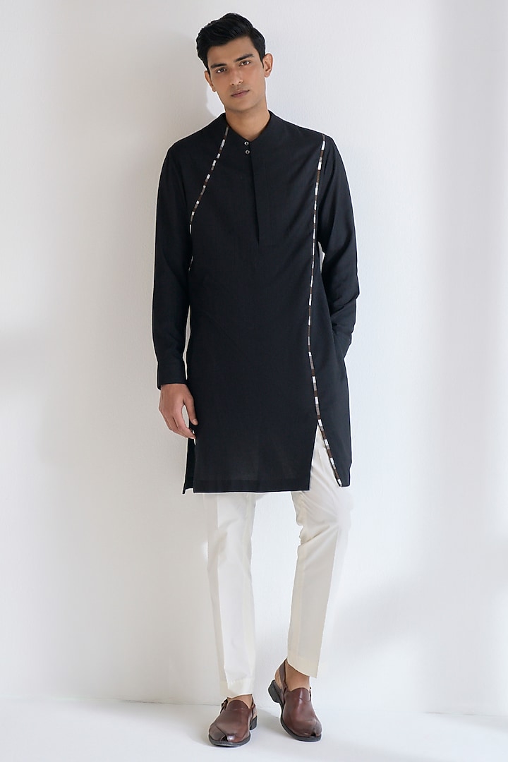 Black Cotton Silk Thread Embroidered Kurta Set by Dhruv Vaish at Pernia's Pop Up Shop