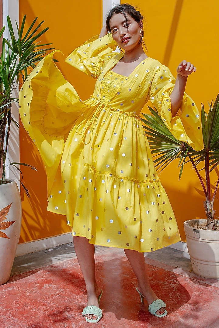 Yellow Polka Dotted Summer Dress With Cape by House Of Fett at Pernia's Pop Up Shop