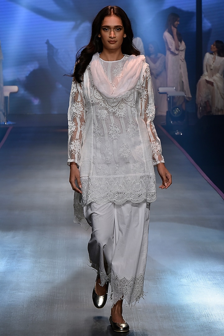 White Embroidered Lace Kurta Set by RINA DHAKA at Pernia's Pop Up Shop