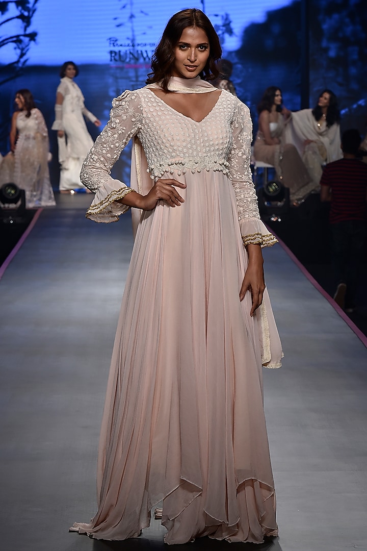 Dusty Pink Anarkali Gown With Dupatta by RINA DHAKA