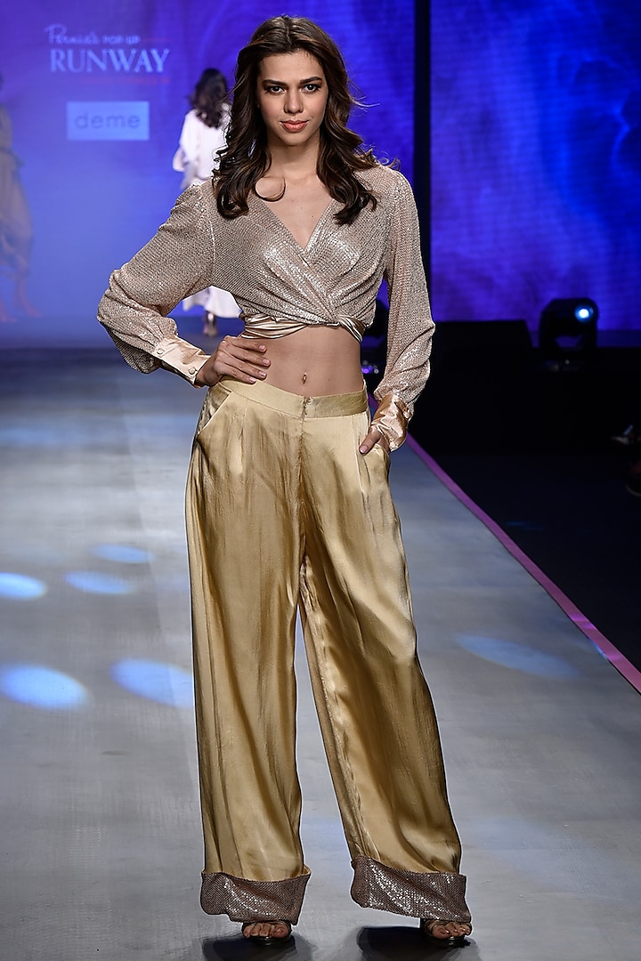 Beige Wrap Around Sequins Top With Pants by Deme by Gabriella