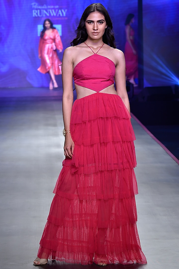 Fuschia Pink Backless Ruffled Gown Design by Deme by Gabriella at ...