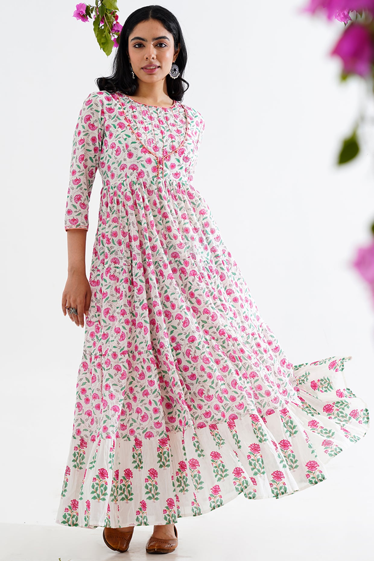 Green and pink floral printed anarkali suit set - set of three by Calmna |  The Secret Label