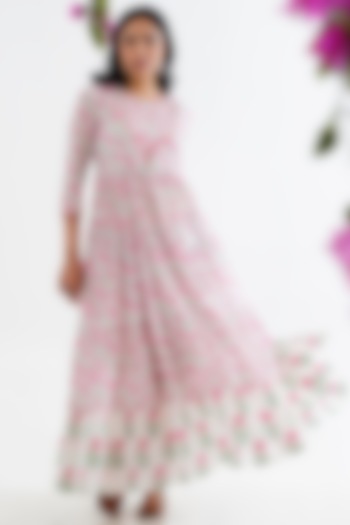 White Cotton Floral Printed Anarkali Gown by AVAHA