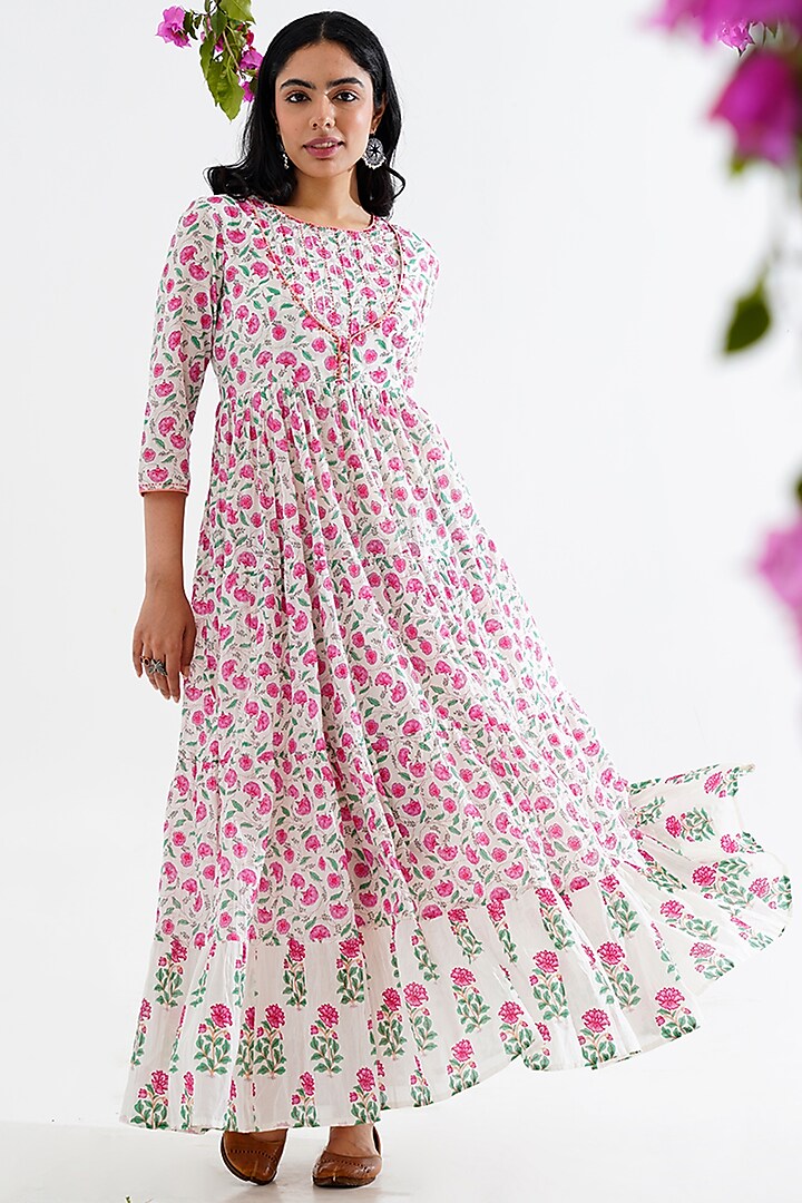 White Cotton Floral Printed Anarkali Gown by AVAHA