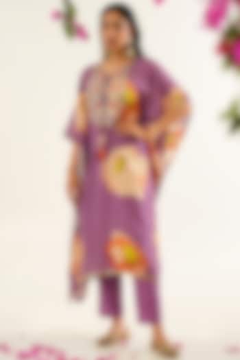 Purple Muslin Blend Printed & Embroidered Kaftan Set by AVAHA