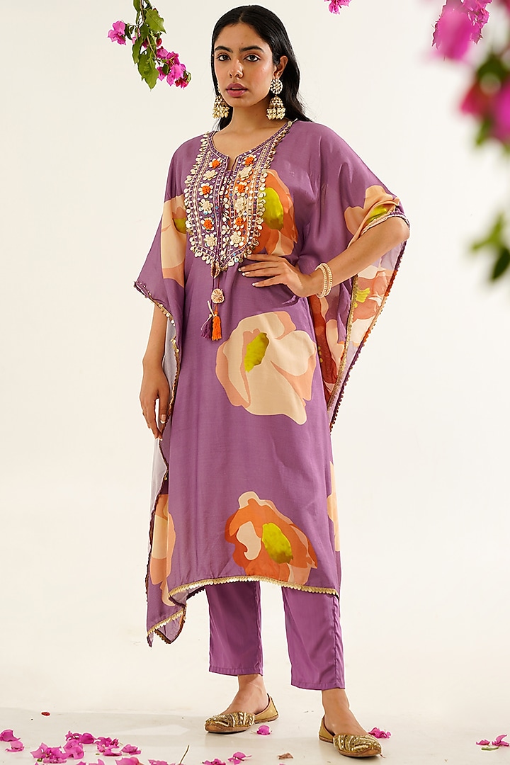 Purple Muslin Blend Printed & Embroidered Kaftan Set by AVAHA