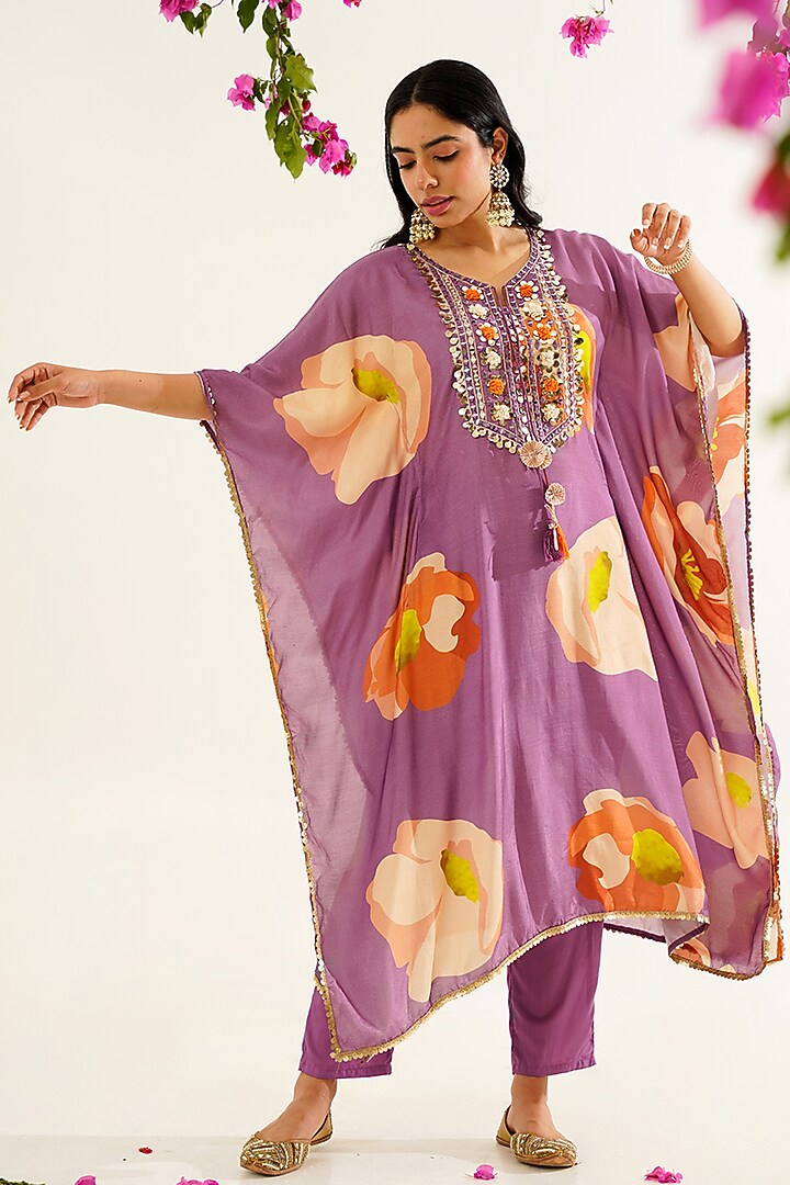 Purple Muslin Blend Printed & Embroidered Kaftan Set by AVAHA at Pernia's Pop Up Shop