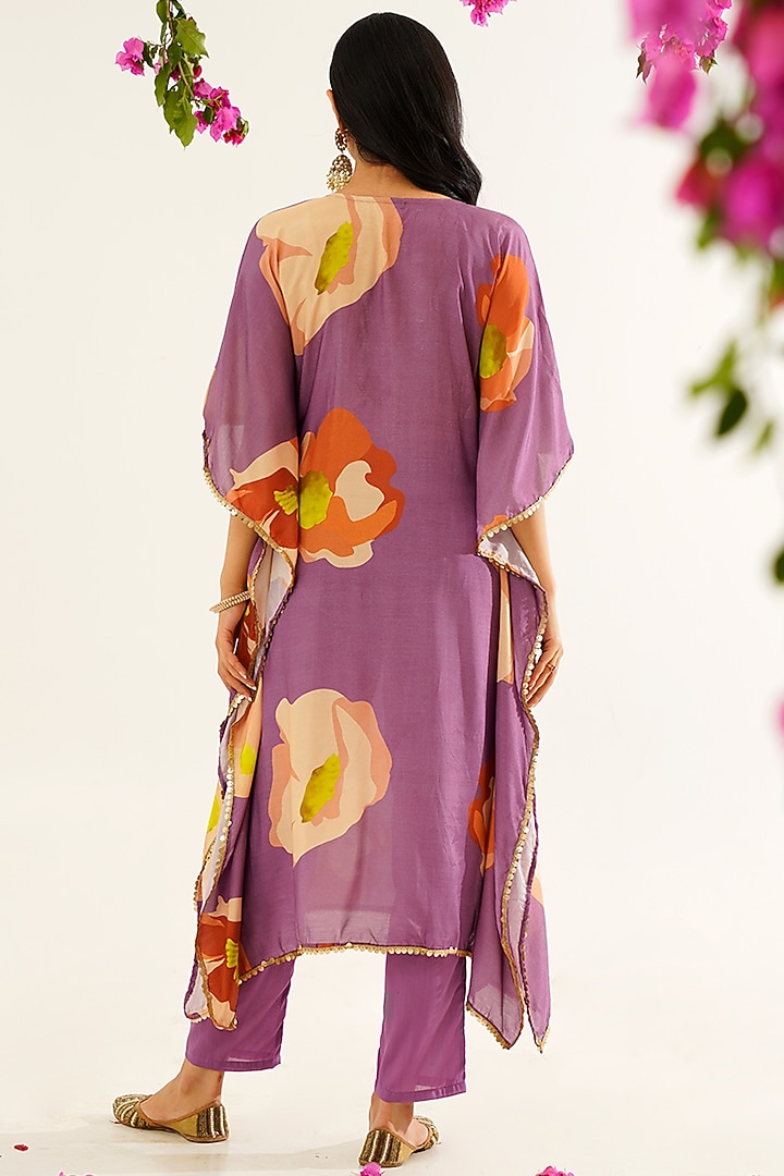 Purple Muslin Blend Printed & Embroidered Kaftan Set by AVAHA at Pernia's Pop Up Shop