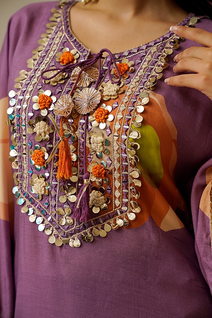 Purple Muslin Blend Printed & Embroidered Kaftan Set by AVAHA at Pernia's Pop Up Shop