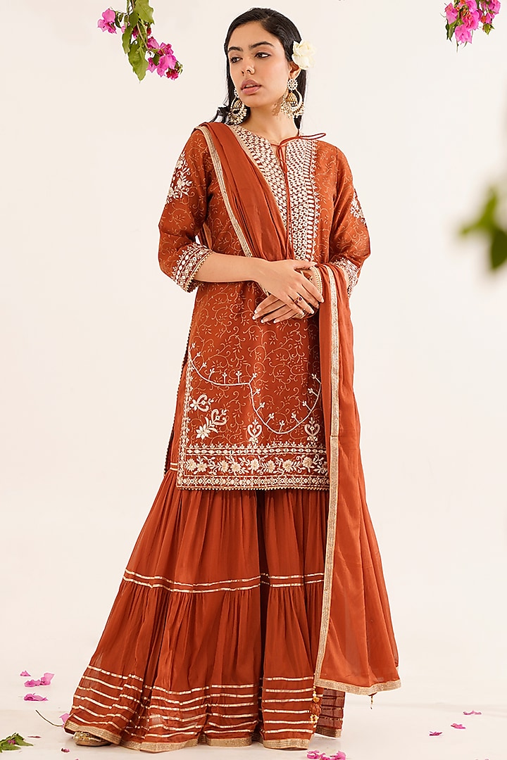 Rust Brown Georgette Embroidered Sharara Set by AVAHA