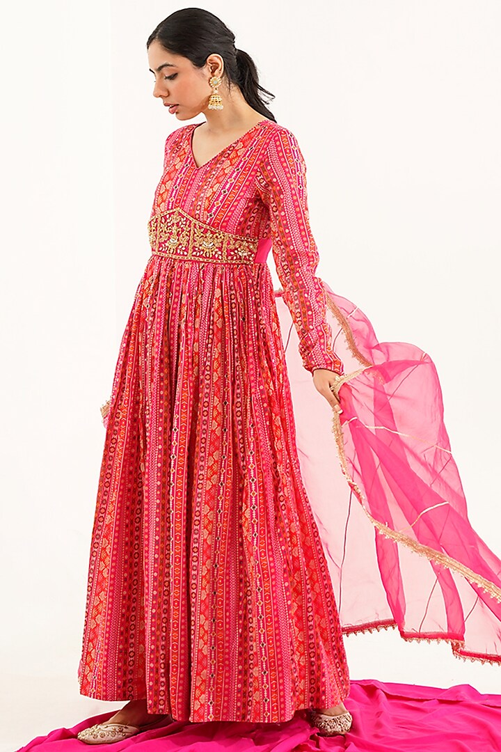 Pink Muslin Blend Embroidered Anarkali Set by AVAHA
