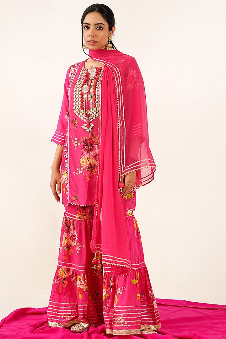 Pink Muslin Digital Printed Sharara Set by AVAHA