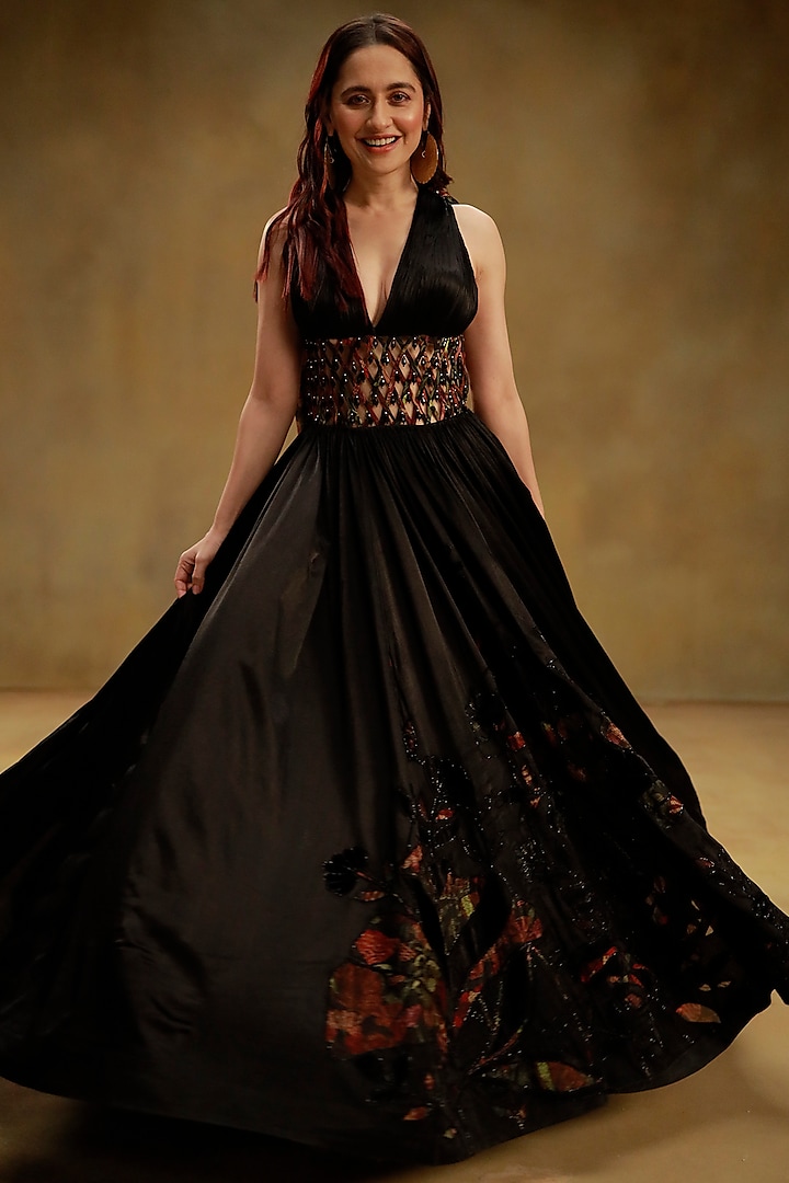 Black Satin Chiffon Patchwork Floral Printed Anarkali With Attached Dupatta by TYOHAR