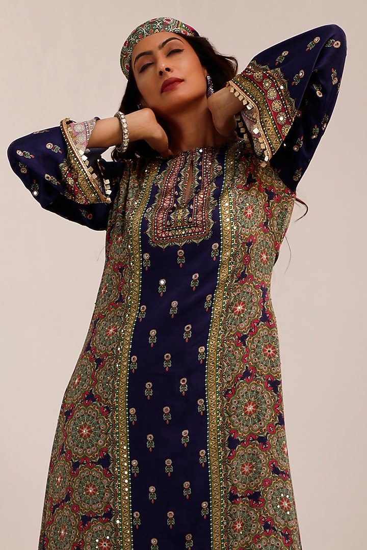 Indigo & Purple Russian Cotton Silk Printed & Embroidered Kurta Set by Surkh Syahi at Pernia's Pop Up Shop