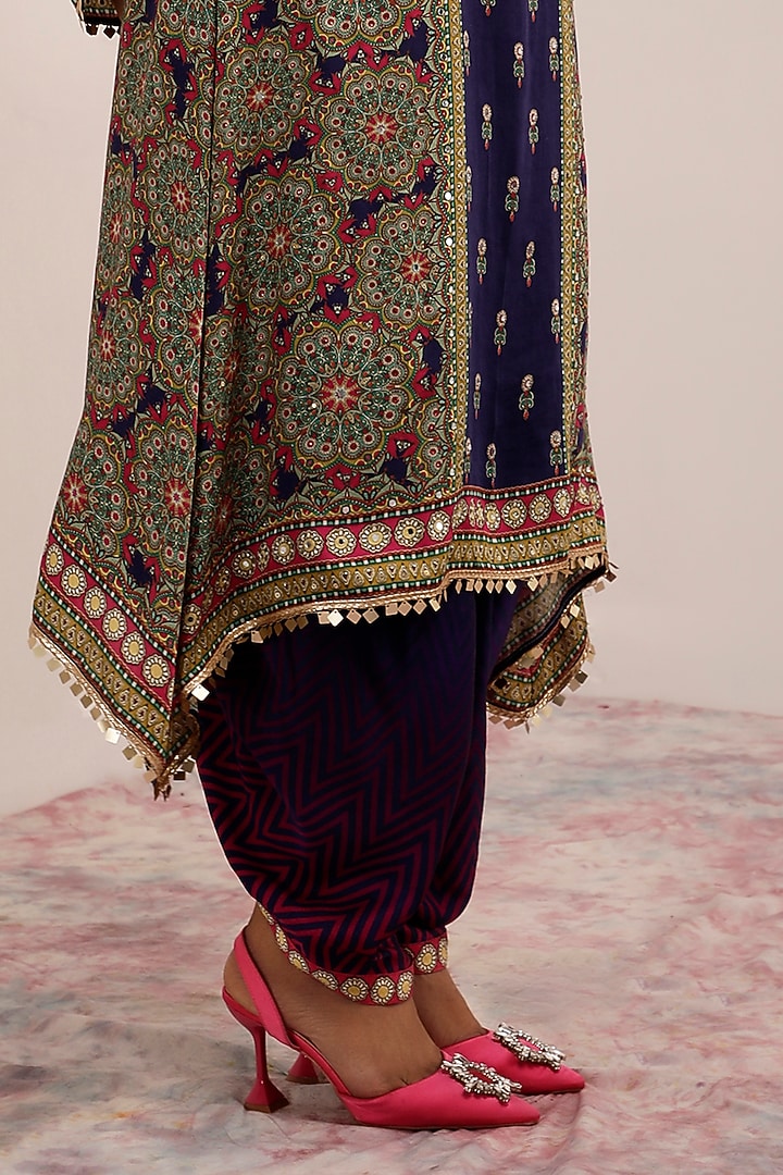 Indigo & Purple Russian Cotton Silk Printed & Embroidered Kurta Set by Surkh Syahi at Pernia's Pop Up Shop