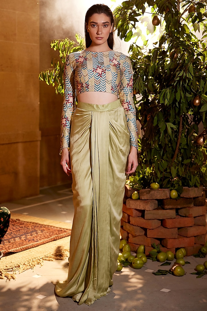 Sea Green Modal Satin Cutdana & Kasab Embroidered Skirt Set by AMROOD