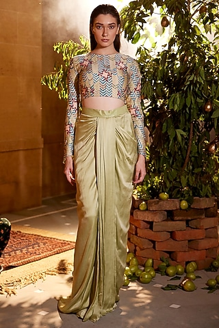 Sea Green Modal Satin Cutdana & Kasab Embroidered Skirt Set by AMROOD