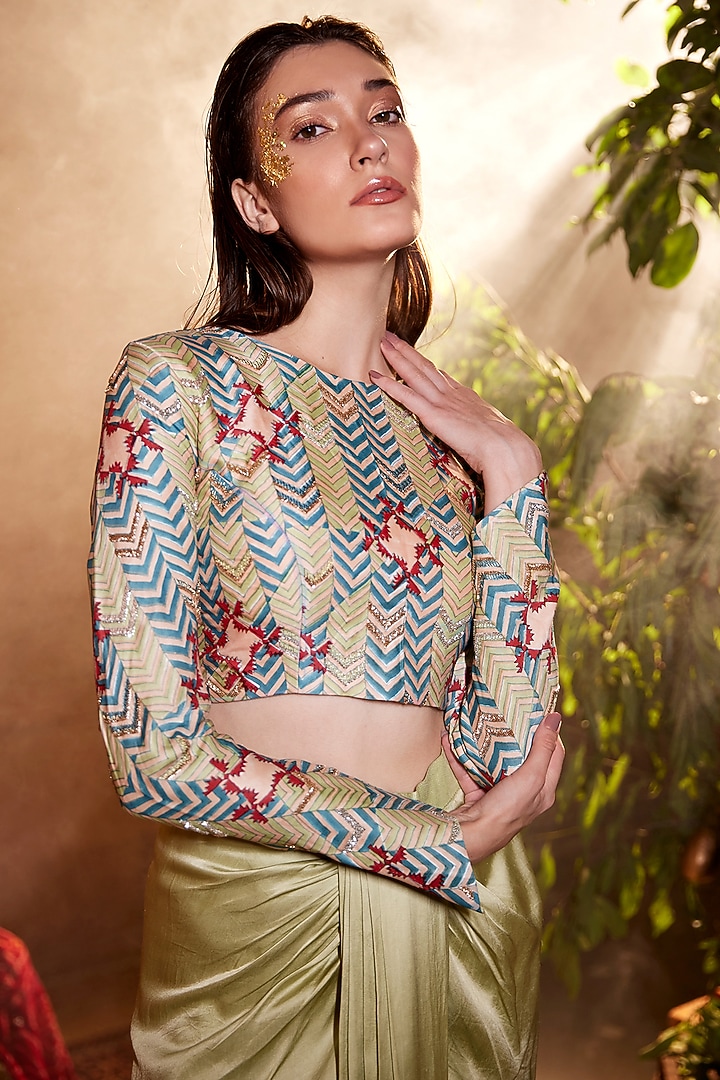 Sea Green Modal Satin Cutdana & Kasab Embroidered Skirt Set by AMROOD at Pernia's Pop Up Shop