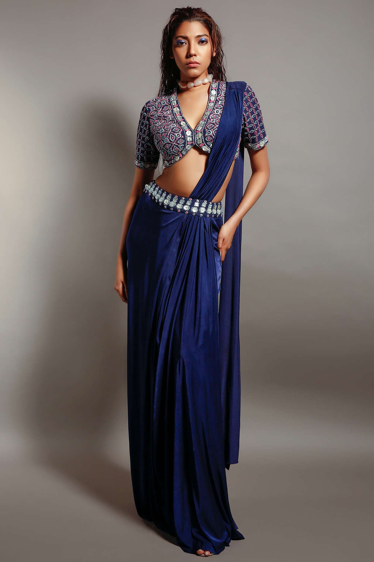 Blue Embellished Pre-Stitched Saree Set Design By Reeti Arneja At ...