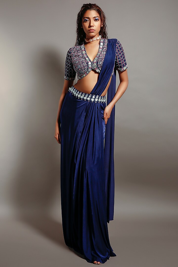 Blue Embellished Pre-Stitched Saree Set Design by Reeti Arneja at ...