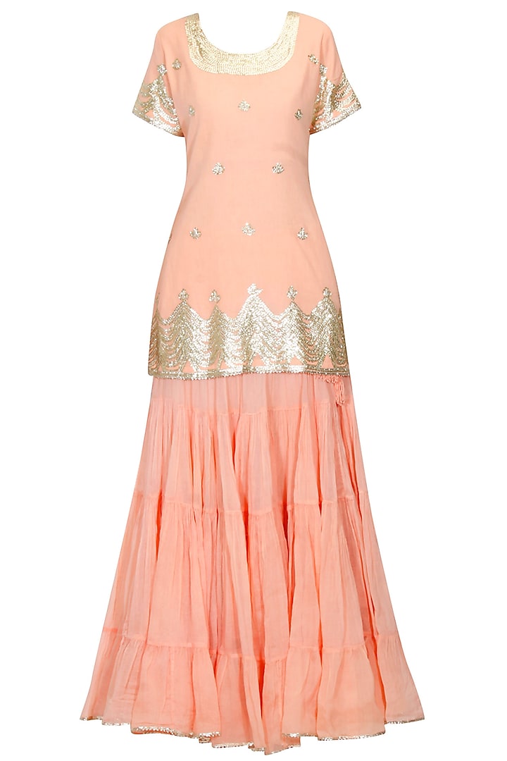 Peach and gold gota patti work kurta and frilled skirt set by Sukriti & Aakriti