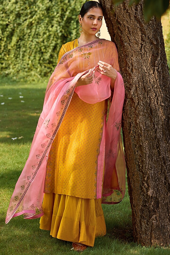Mustard Chanderi Wedding Sharara Set by Vashisht Guru Dutt at Pernia's Pop Up Shop
