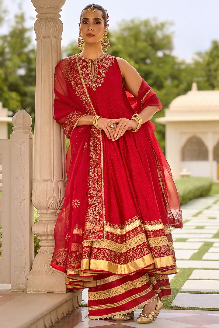 Red Chanderi Block Printed & Embroidered Wedding Anarkali Set by Vashisht Guru Dutt at Pernia's Pop Up Shop