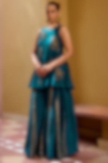 Teal Green Chanderi Party Wear Sharara Set by Vashisht Guru Dutt at Pernia's Pop Up Shop