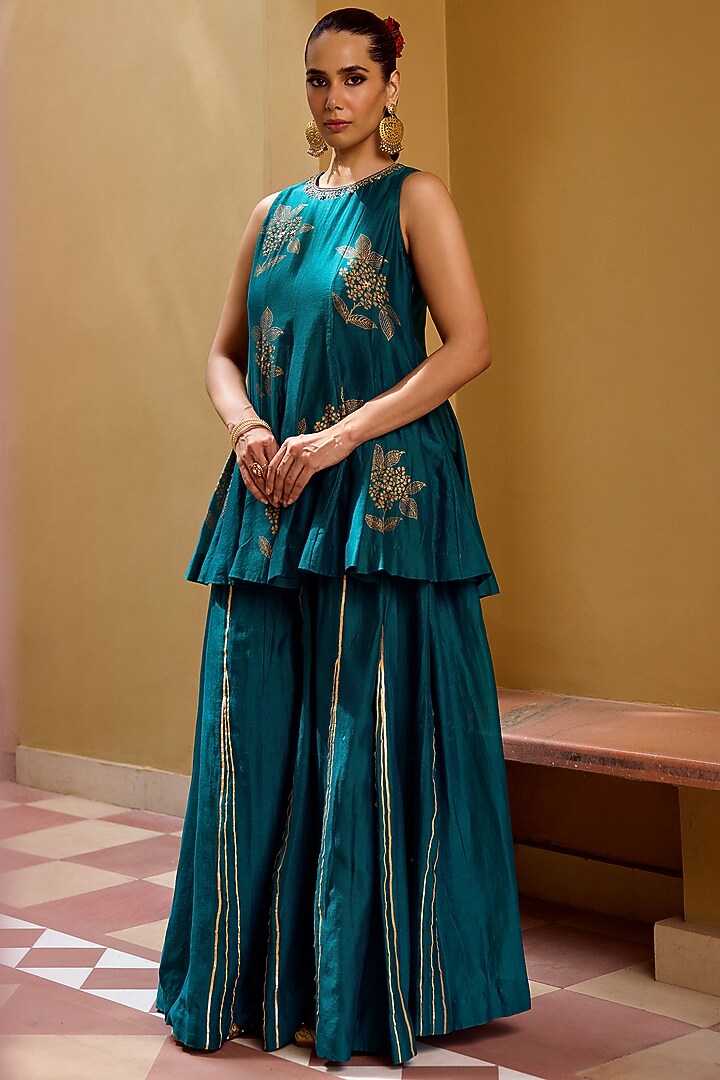 Teal Green Chanderi Party Wear Sharara Set by Vashisht Guru Dutt at Pernia's Pop Up Shop