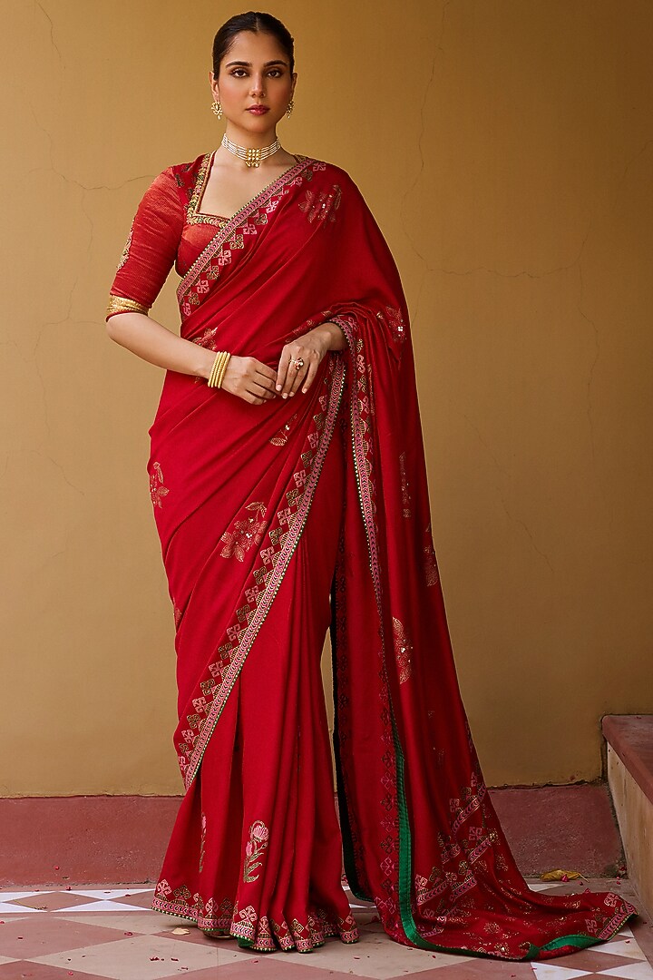 Red Cotton Silk Block Printed & Embroidered Wedding Saree Set by Vashisht Guru Dutt at Pernia's Pop Up Shop
