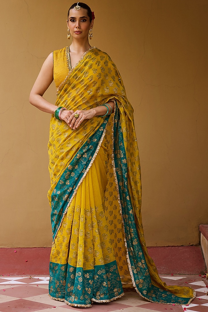 Mustard & Teal Chanderi Block Printed Wedding Saree Set by Vashisht Guru Dutt at Pernia's Pop Up Shop